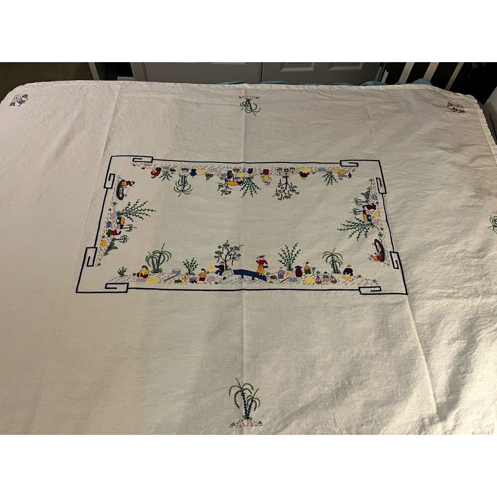 Vintage Hand Embroidered Linen Tablecloth 72x52 Asian Village Scene Folk Art